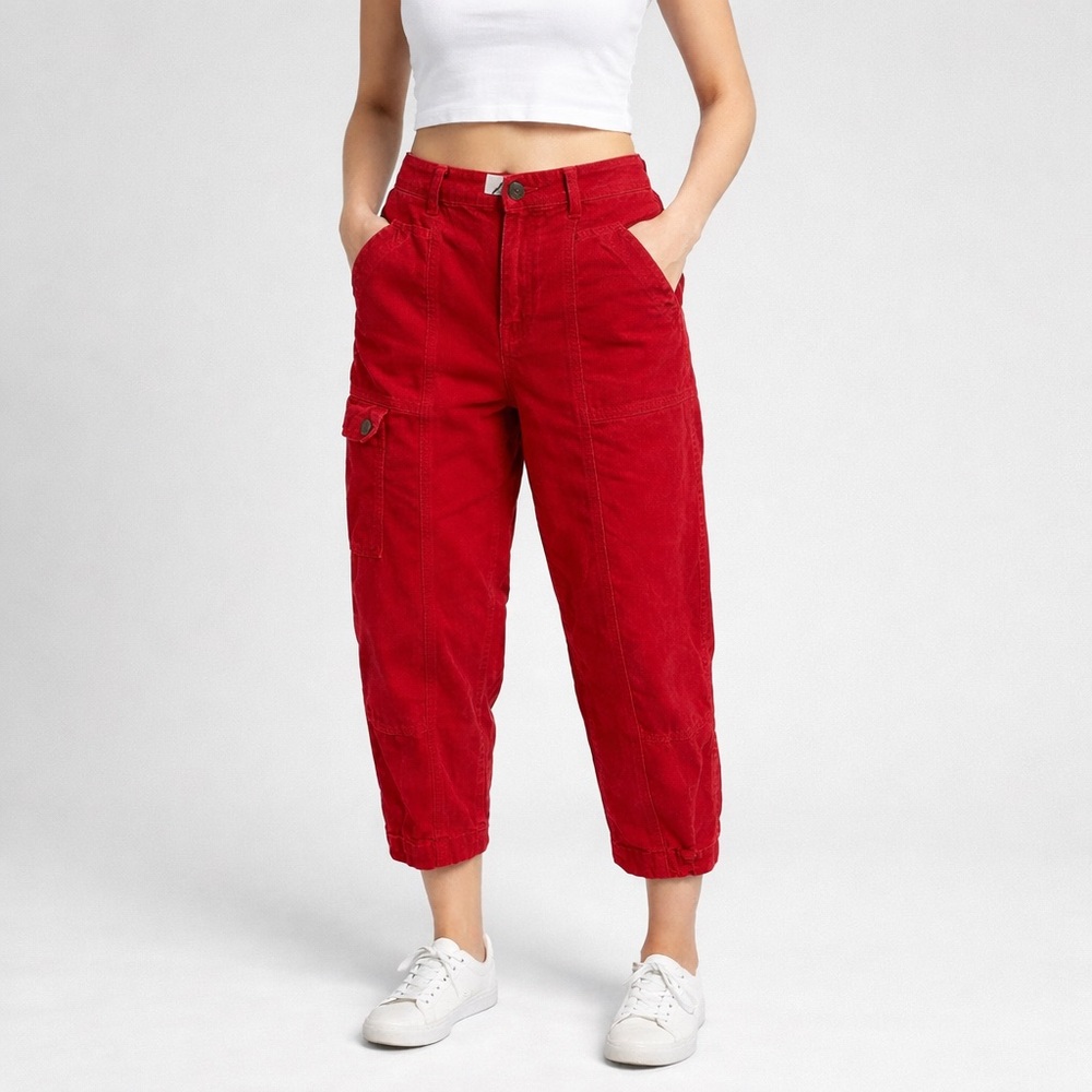 By Anthropologie Utility Barrel Leg Pants Size 6  Red Cargo Pocket